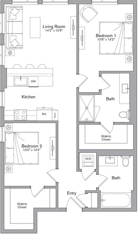 Floor plan for 2 beds, 2 baths, 1061 sqft